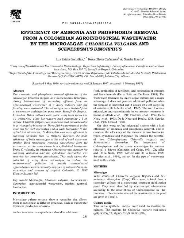 (PDF) Efficiency of ammonia and phosphorus removal from a colombian ...