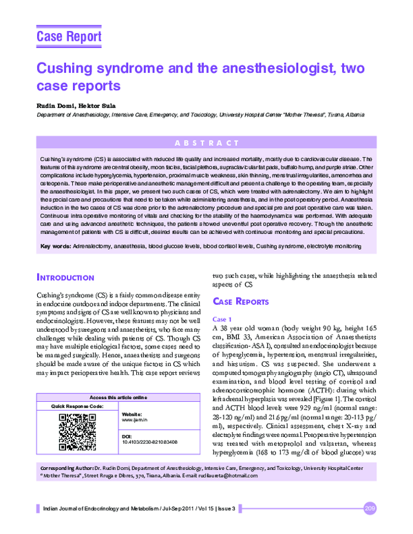 (PDF) Cushing syndrome and the anesthesiologist, two case reports