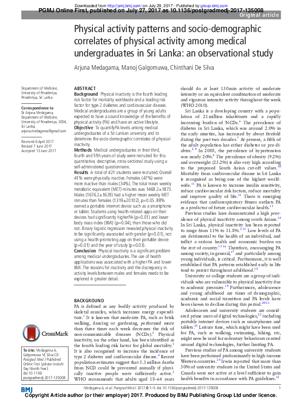 (PDF) Physical activity patterns and socio-demographic correlates of ...