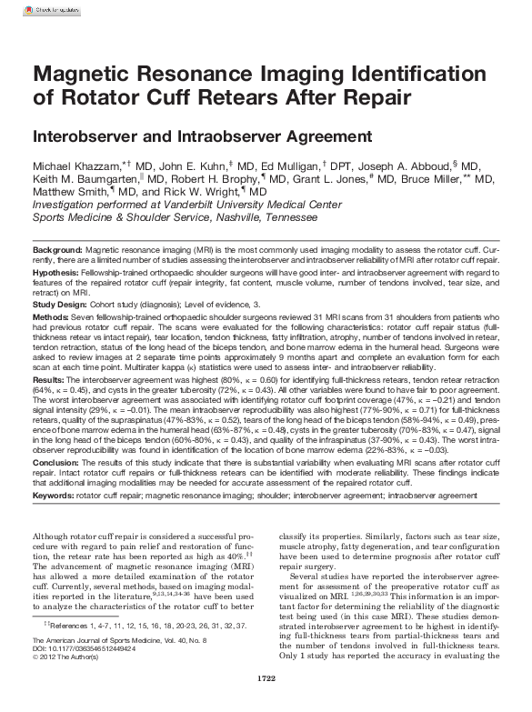 (PDF) Magnetic Resonance Imaging Identification of Rotator Cuff Retears ...