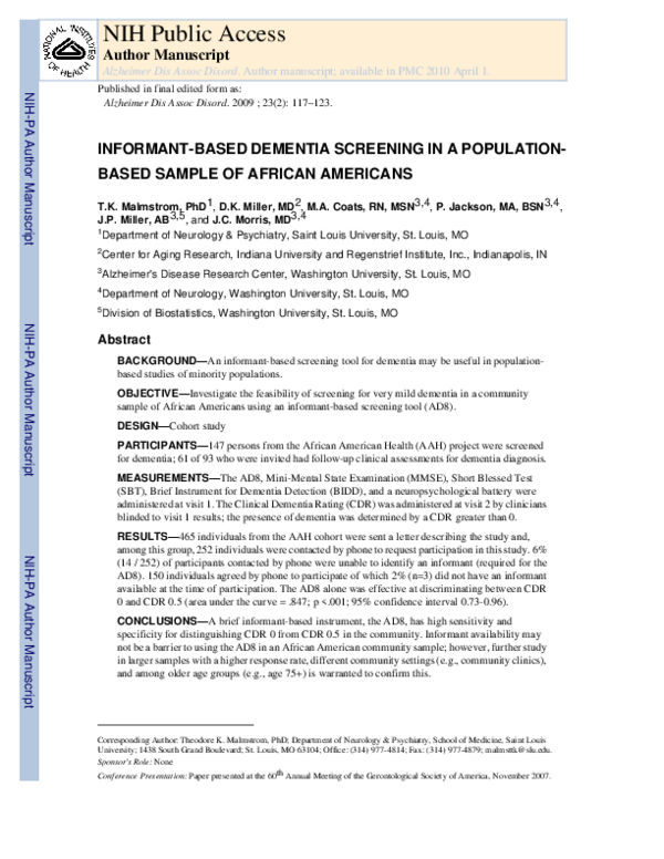 (PDF) Informant-based Dementia Screening in a Population-based Sample ...