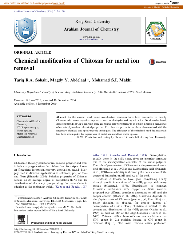 (PDF) Chemical modification of Chitosan for metal ion removal