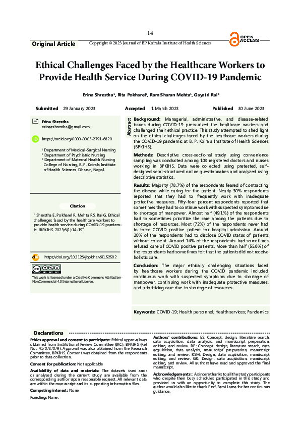 (PDF) Ethical Challenges Faced by the Healthcare Workers to Provide ...