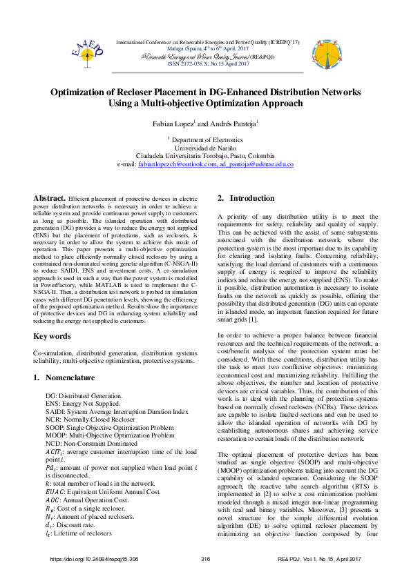 (PDF) Optimization of Recloser Placement in DG-Enhanced Distribution ...