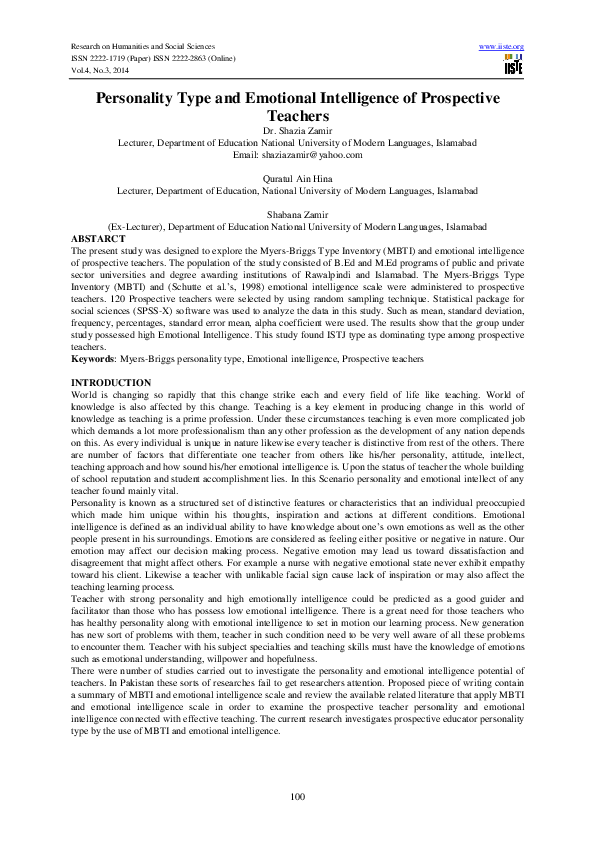 (PDF) Personality Type and Emotional Intelligence of Prospective Teachers