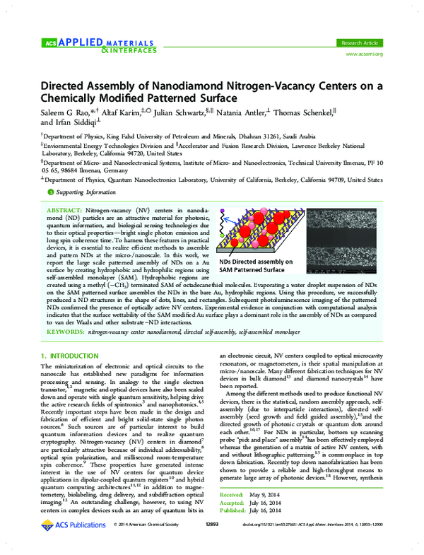 (PDF) Directed Assembly of Nanodiamond Nitrogen-Vacancy Centers on a ...