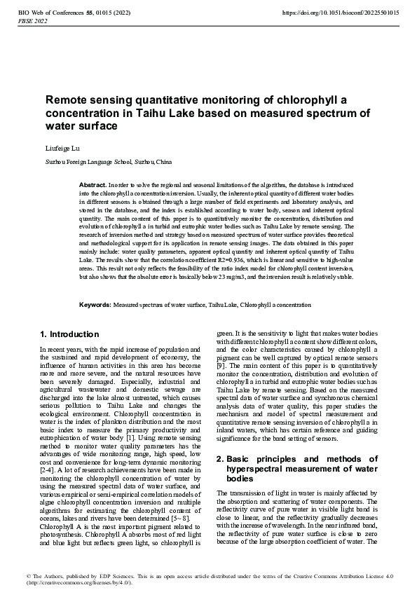 (PDF) Remote sensing quantitative monitoring of chlorophyll a ...