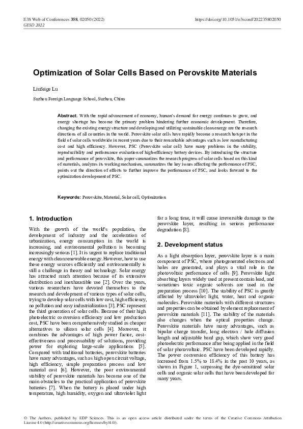 (PDF) Optimization of Solar Cells Based on Perovskite Materials