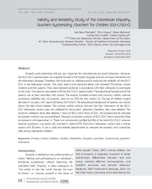 (PDF) Validity and Reliability Study of the Indonesian Empathy Quotient ...