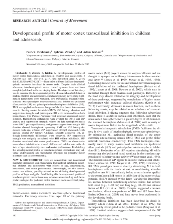 (PDF) Developmental profile of motor cortex transcallosal inhibition in ...