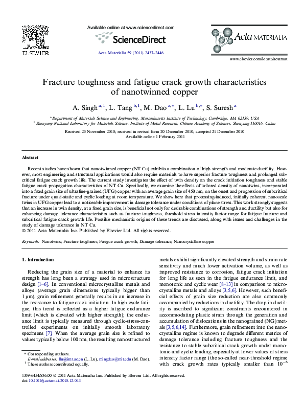 (PDF) Fracture toughness and fatigue crack growth characteristics of ...