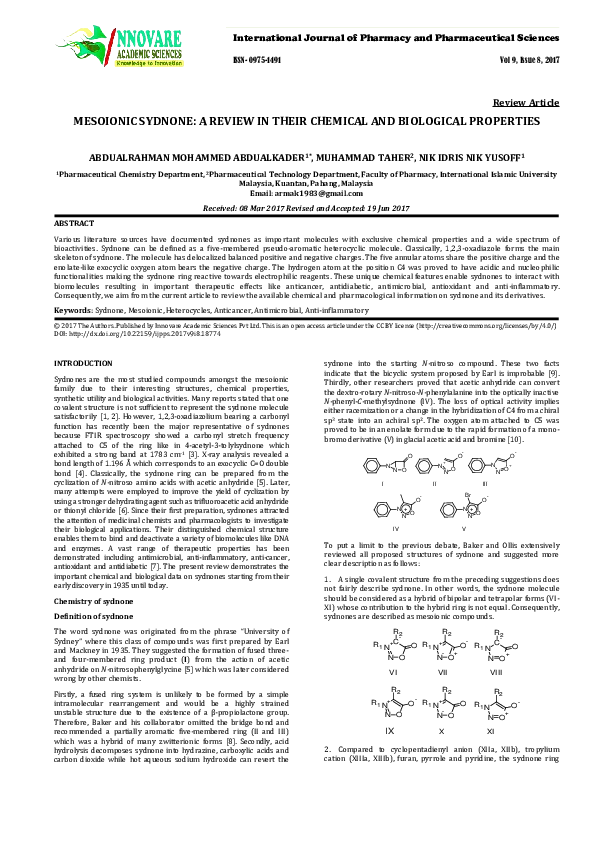 (PDF) Mesoionic Sydnone: A Review in Their Chemical and Biological ...