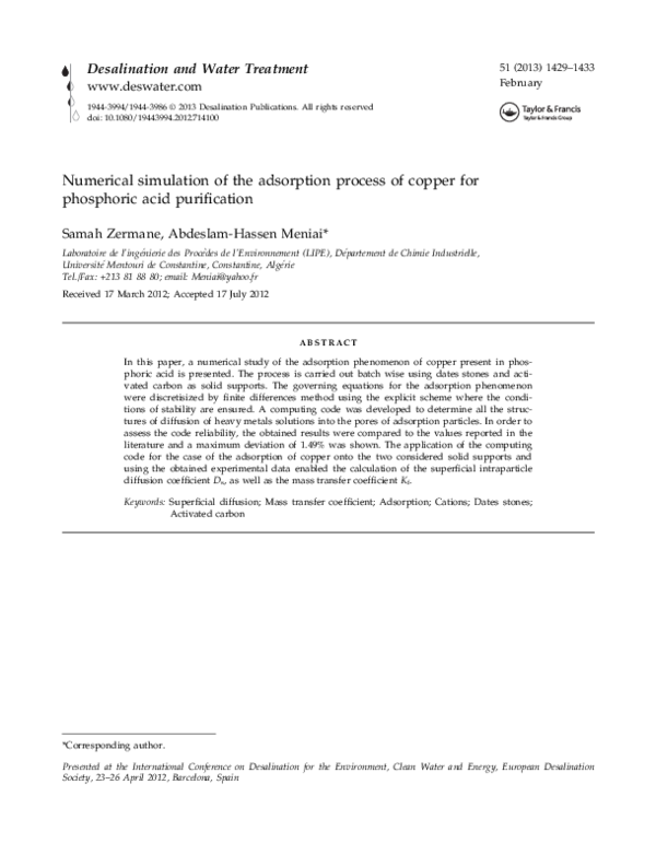 (PDF) Numerical simulation of the adsorption process of copper for ...