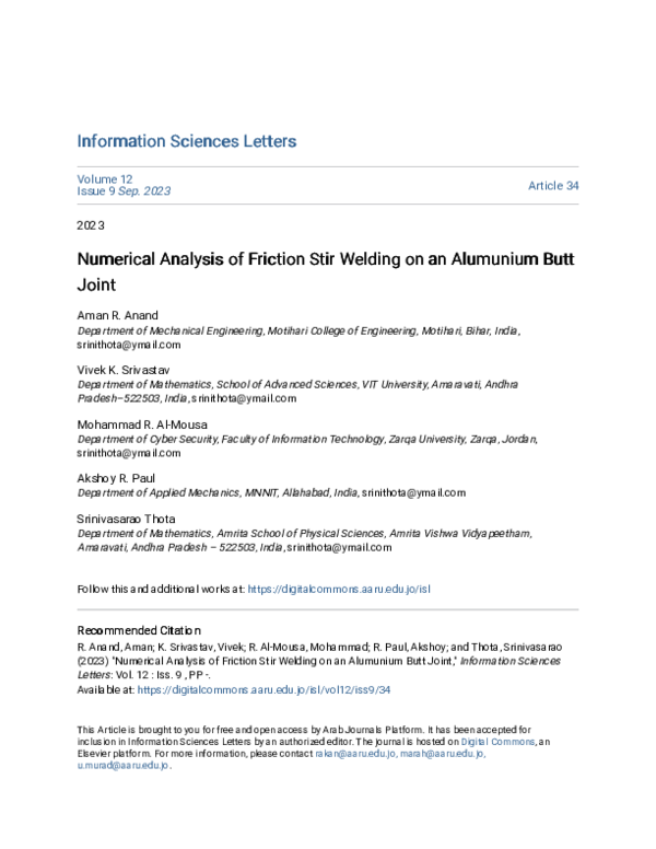 (PDF) Numerical Analysis of Friction Stir Welding on an Alumunium Butt ...