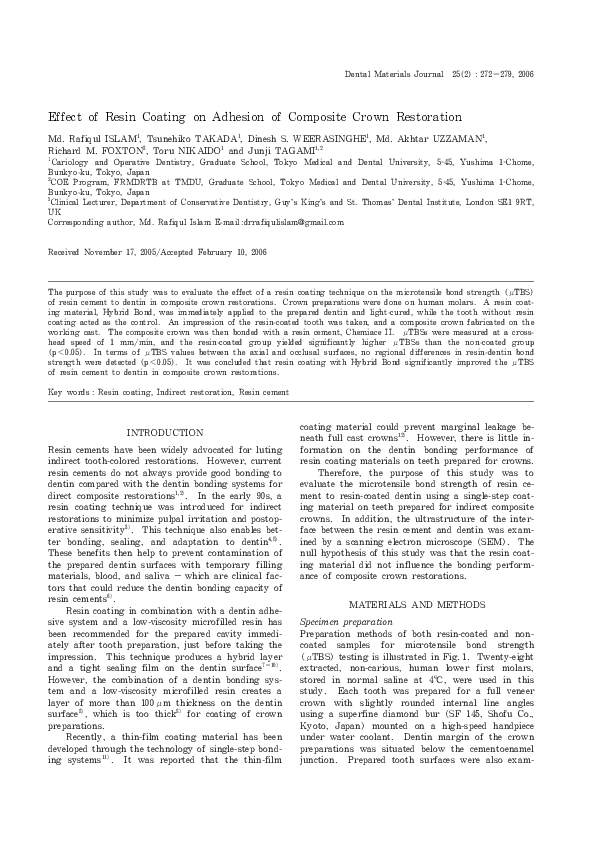 (PDF) Effect of Resin Coating on Adhesion of Composite Crown Restoration