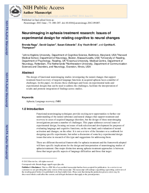 (PDF) Neuroimaging in aphasia treatment research: Issues of ...