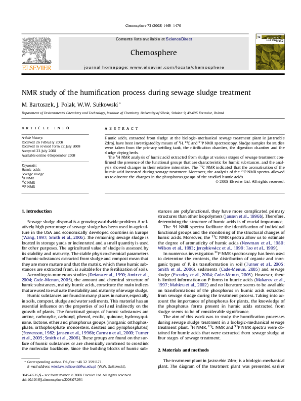 (PDF) NMR study of the humification process during sewage sludge treatment