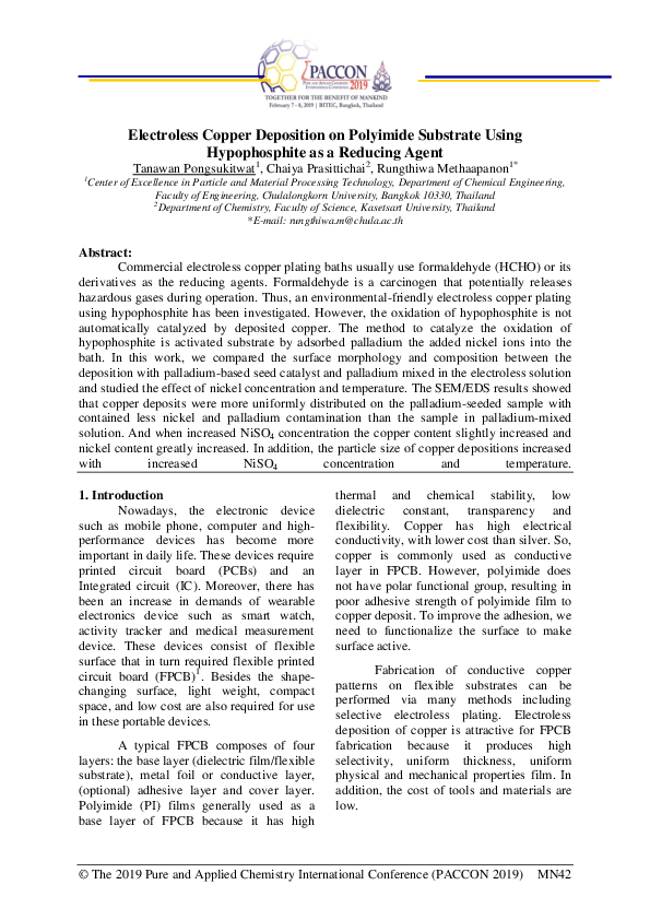 (PDF) Electroless Copper Deposition on Polyimide Substrate Using ...