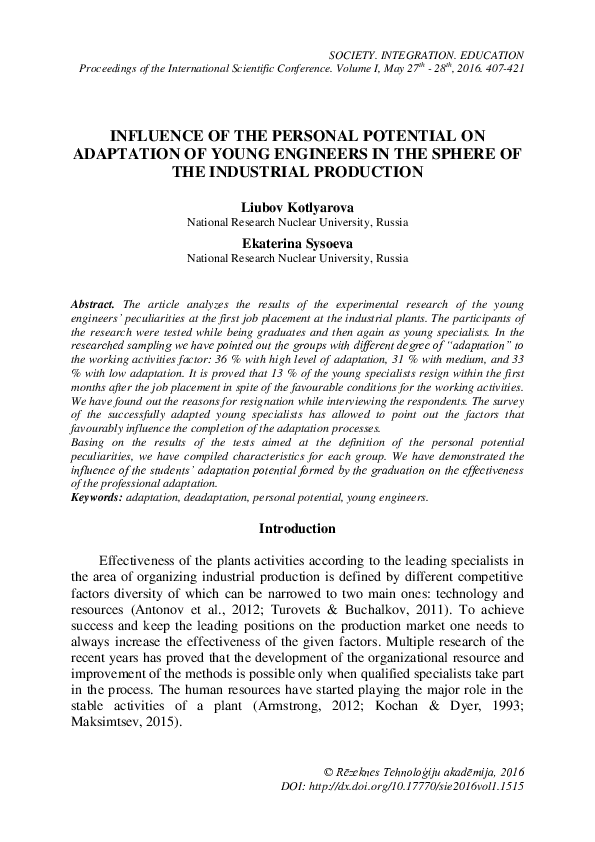 (PDF) Influence of the Personal Potential on Adaptation of Young ...