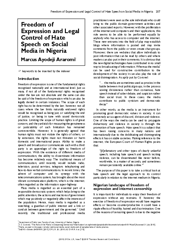 (PDF) Freedom of Expression and Legal Control of Hate Speech on Social ...