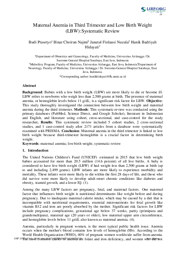(PDF) Maternal Anemia in Third Trimester and Low Birth Weight (LBW ...