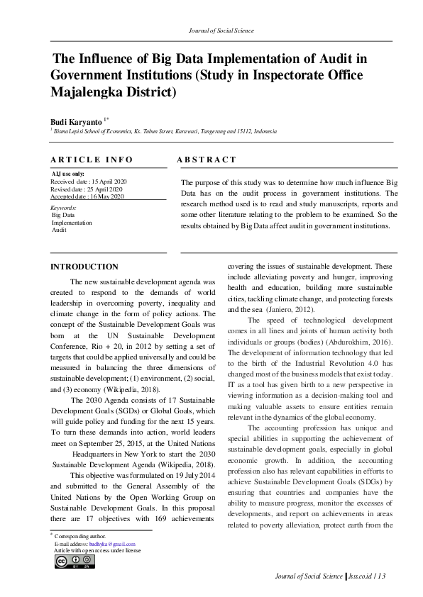 (PDF) The Influence of Big Data Implementation of Audit in Government ...
