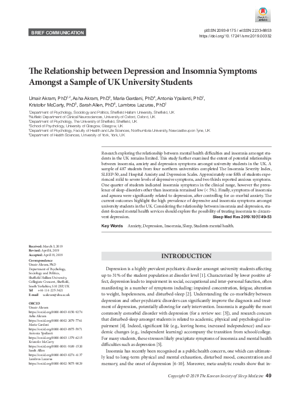(PDF) The Relationship between Depression and Insomnia Symptoms Amongst ...