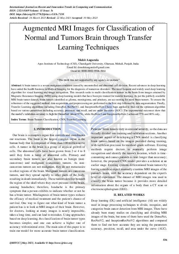 (PDF) Augmented MRI Images for Classification of Normal and Tumors ...