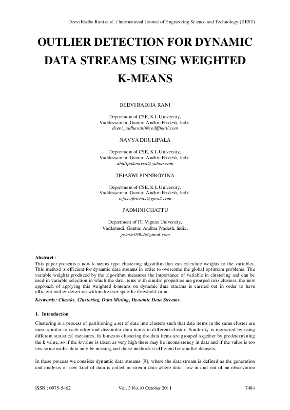 (PDF) Outlier Detection for Dynamic Data Streams Using Weighted K-Means