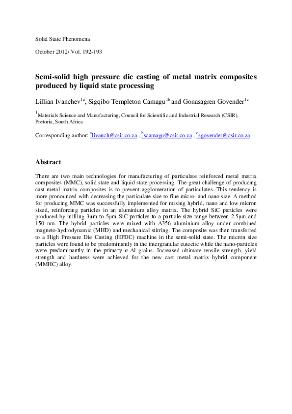 (PDF) Semi-Solid High Pressure Die Casting of Metal Matrix Composites ...