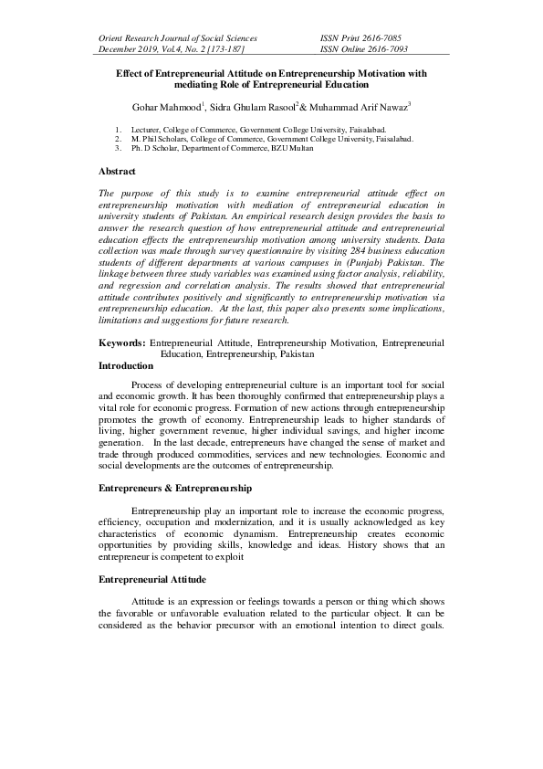 (PDF) Effect of Entrepreneurial Attitude on Entrepreneurship Motivation ...