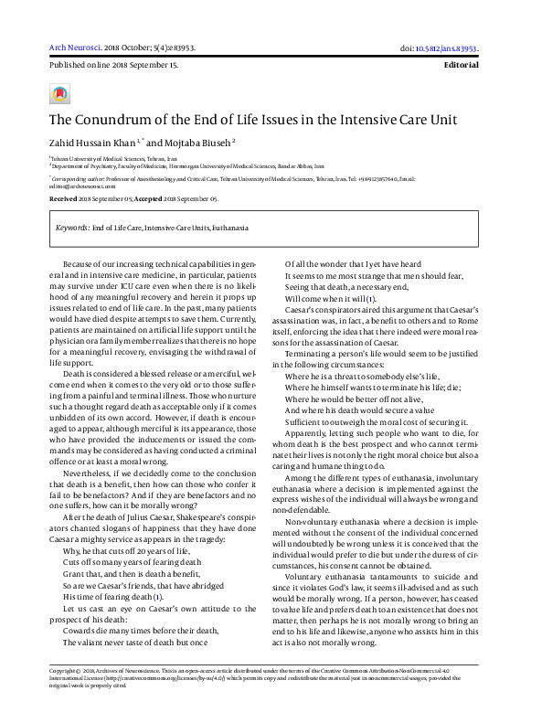 (PDF) The Conundrum of the End of Life Issues in the Intensive Care Unit
