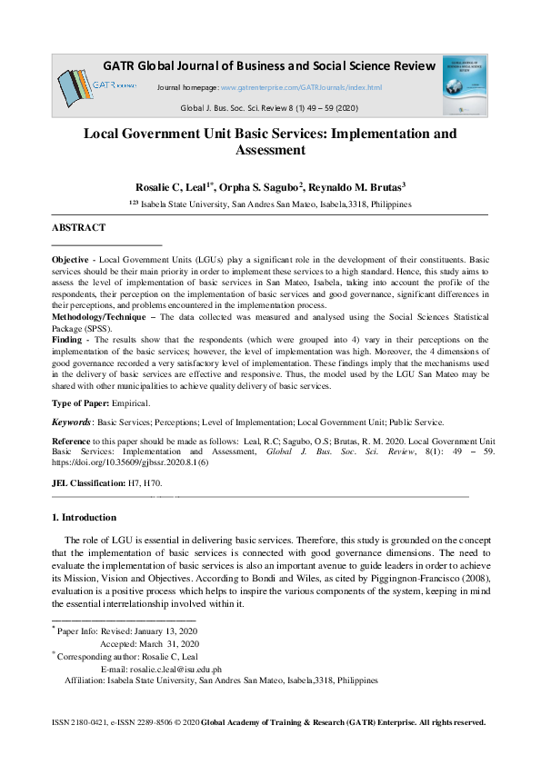 (PDF) Local Government Unit Basic Services: Implementation and Assessment