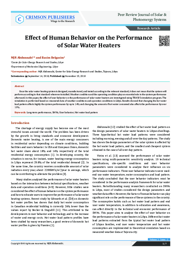 (PDF) Effect of Human Behavior on the Performance of Solar Water Heaters
