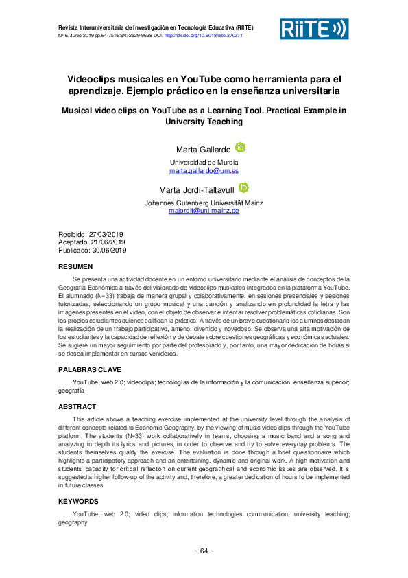 (PDF) Musical video clips on YouTube as a learning tool. Practical ...