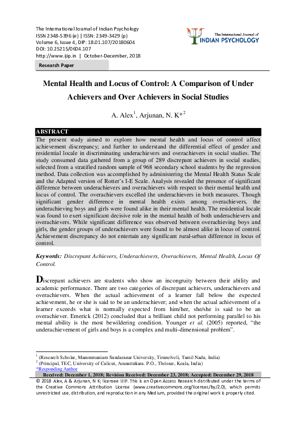 (PDF) Mental Health and Locus of Control: A Comparison of Under ...