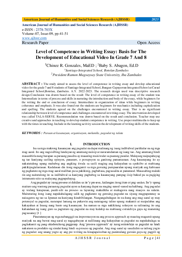 (PDF) Level of Competence in Writing Essay: Basis for The Development ...