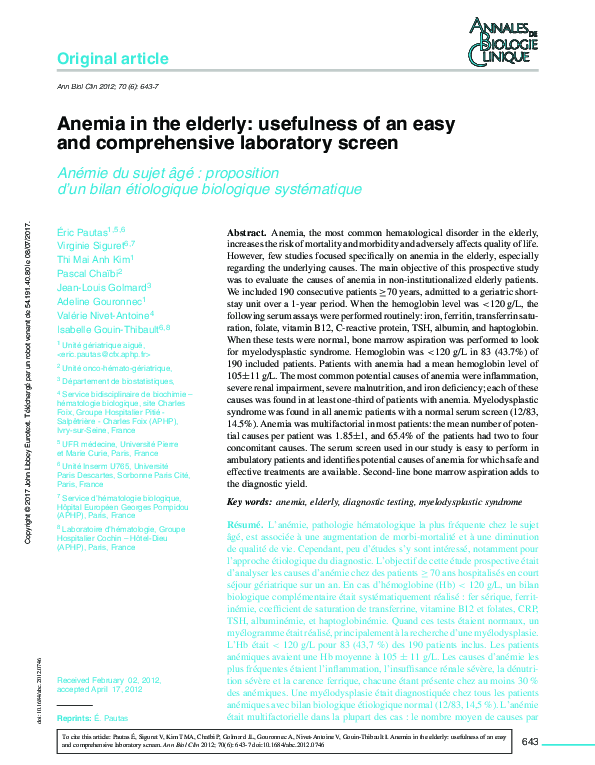 (PDF) Anemia in the elderly: usefulness of an easy and comprehensive ...
