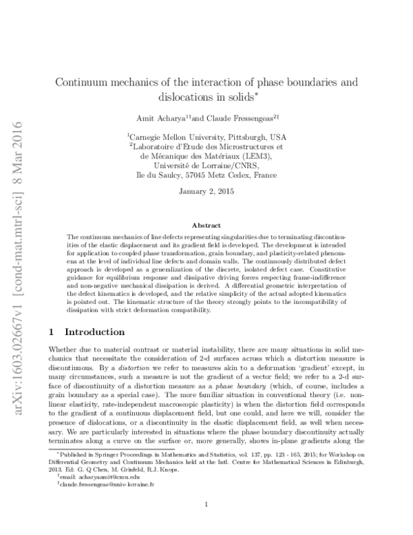 (PDF) Continuum mechanics of the interaction of phase boundaries and ...