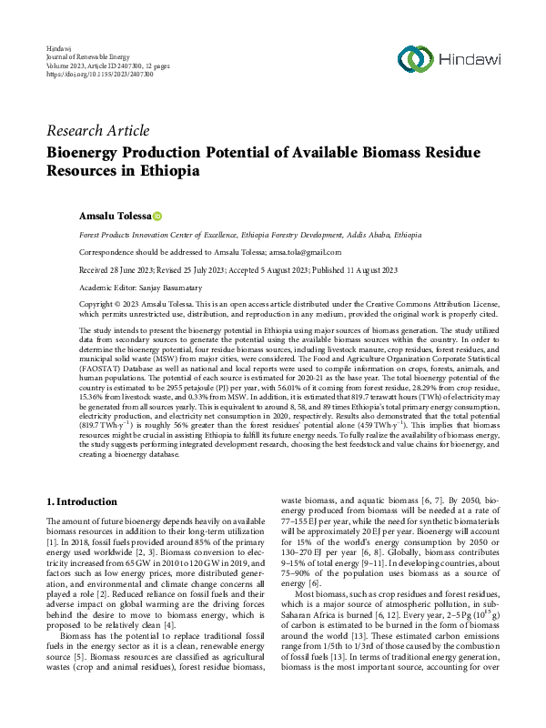 (PDF) Bioenergy Production Potential of Available Biomass Residue ...