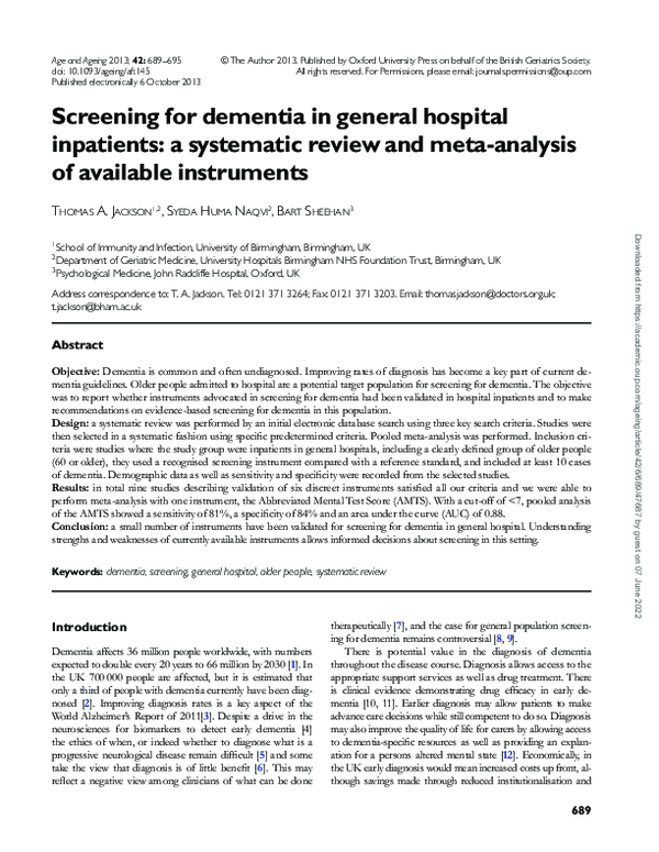 (PDF) Screening for dementia in general hospital inpatients: a ...