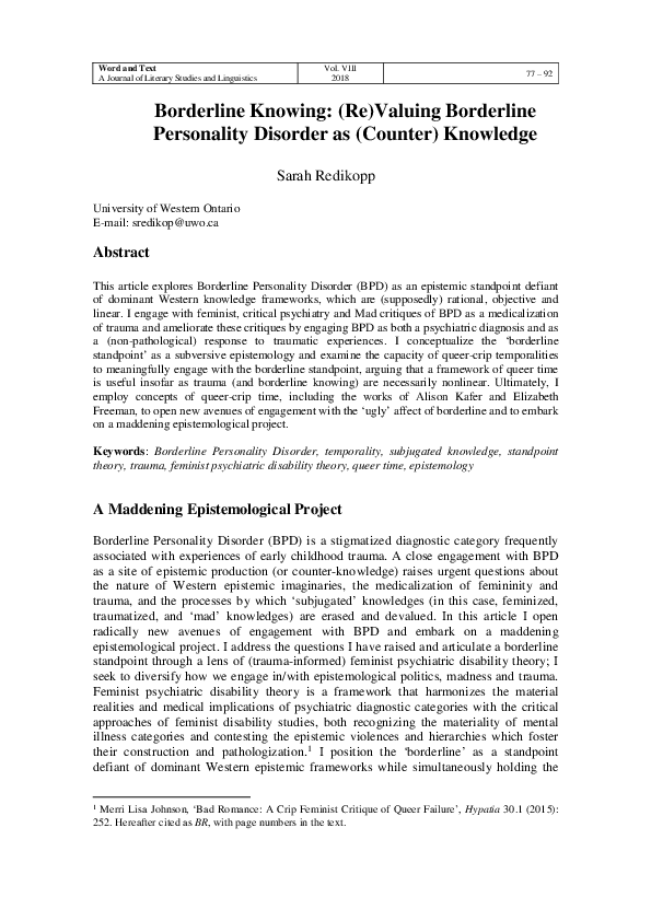 (PDF) Borderline Knowing: (Re)Valuing Borderline Personality Disorder ...