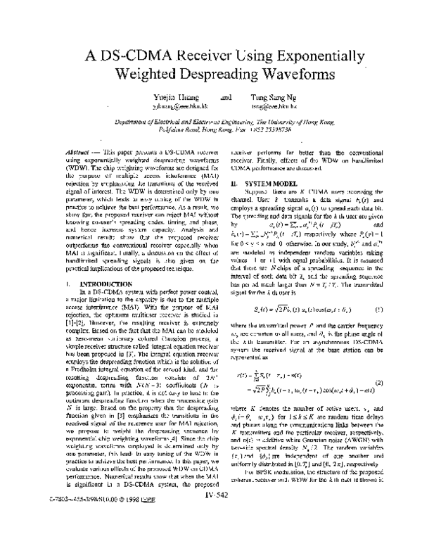 (PDF) A DS-CDMA receiver using exponentially weighted despreading waveforms