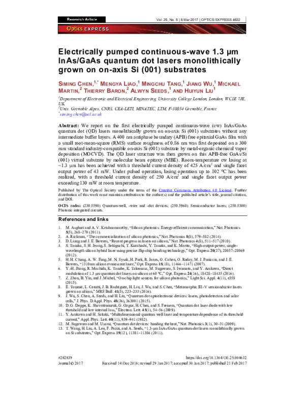 (PDF) Electrically pumped continuous‐wave 1.3‐µm InAs/GaAs quantum dot ...