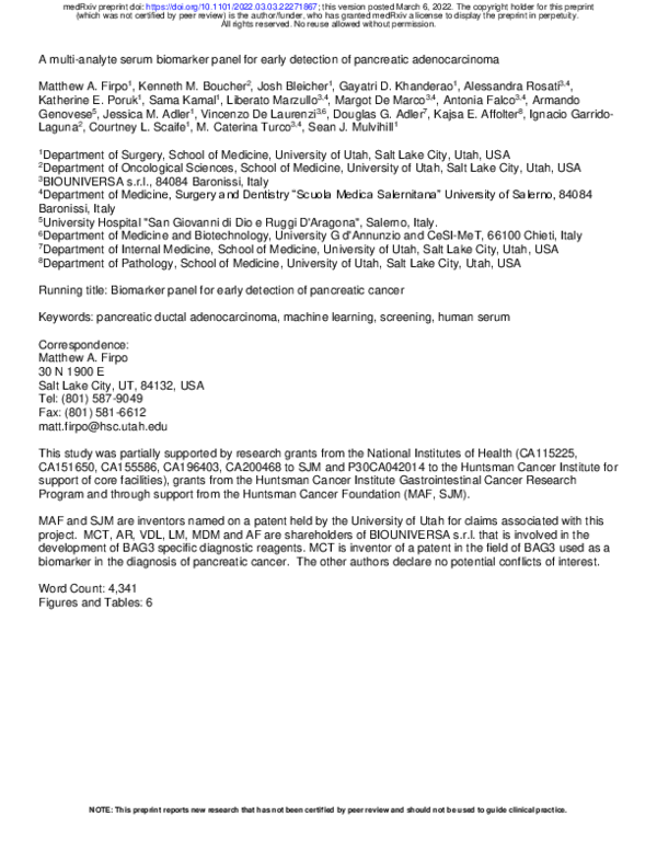 (PDF) A multi-analyte serum biomarker panel for early detection of ...