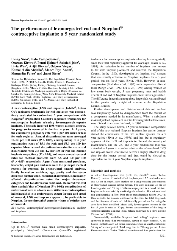 (PDF) The performance of levonorgestrel rod and Norplant contraceptive ...