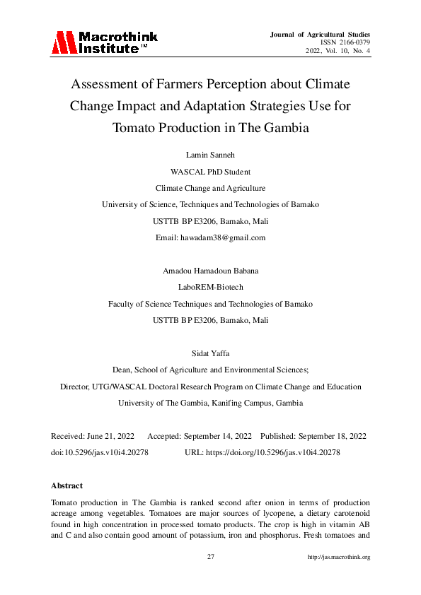 (PDF) Assessment of Farmers Perception about Climate Change Impact and ...