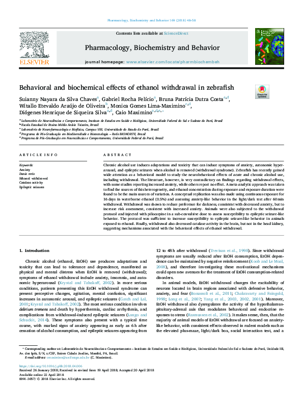 (PDF) Behavioral and biochemical effects of ethanol withdrawal in zebrafish