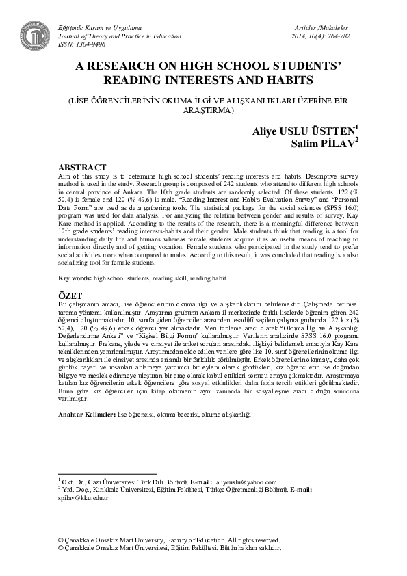 (PDF) A research on high school students’ reading interests and habits ...