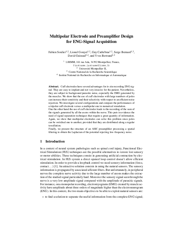 (PDF) Multipolar Electrode and Preamplifier Design for ENGSignal Acquisition David Guiraud